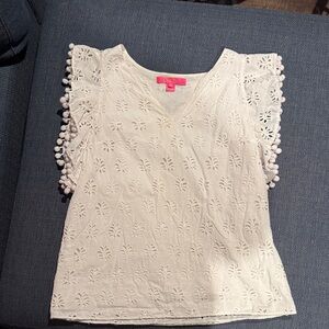Lilly Pulitzer White Eyelet Pom-Pom Sleeve Top